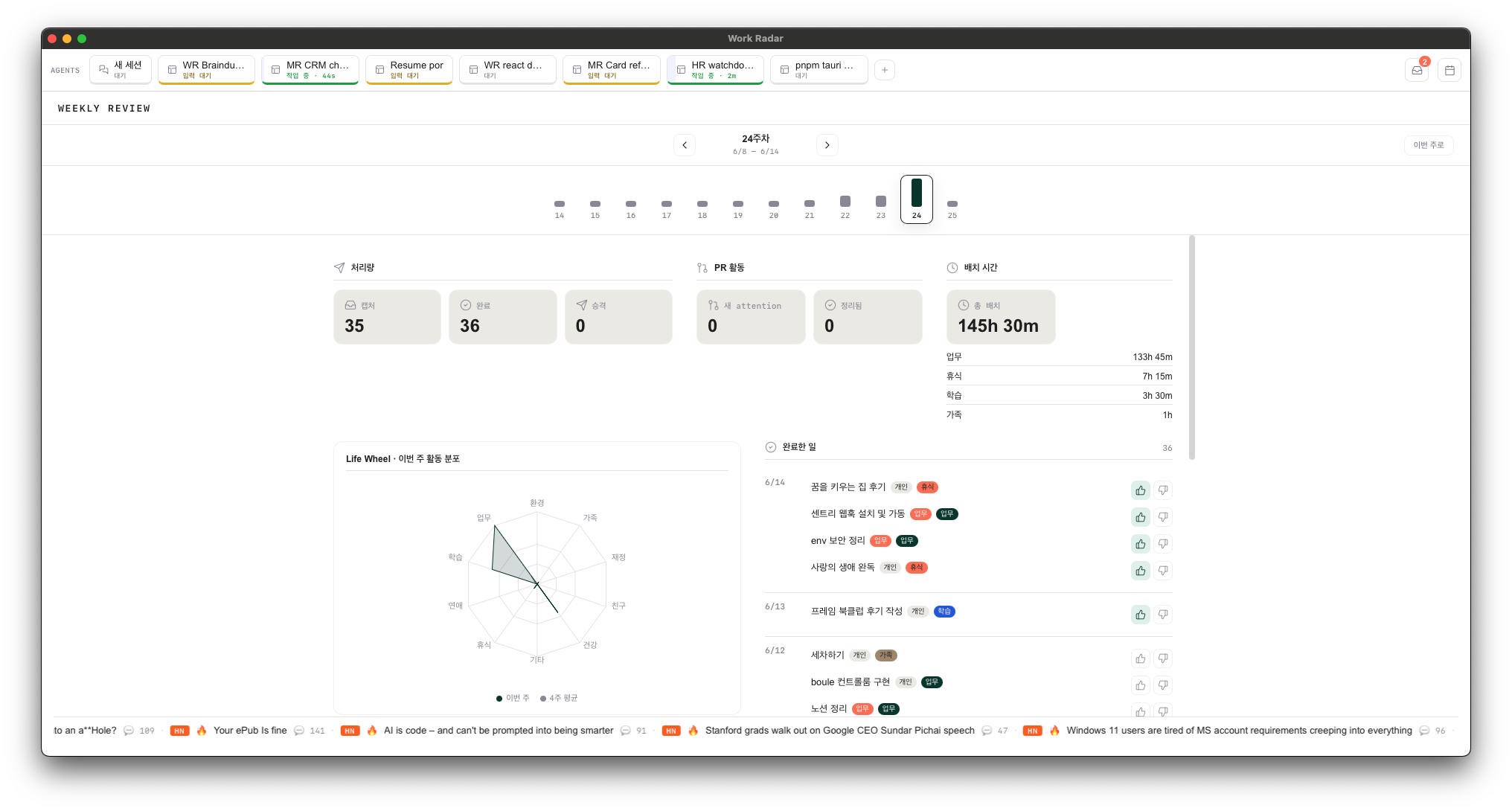 Weekly Review — 처리량·PR 활동·배치 시간·Life Wheel·루틴 이행률을 주 window로 집계한다. Capture와 Today의 데이터가 다시 자기 점검 지표가 되는 운영 피드백 루프.